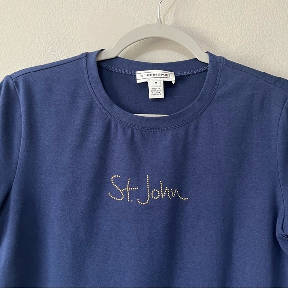 St. John Sport Navy Blue Gold Beaded Spell Out Short Sleeve Tee Shirt Medium - Picture 2 of 8